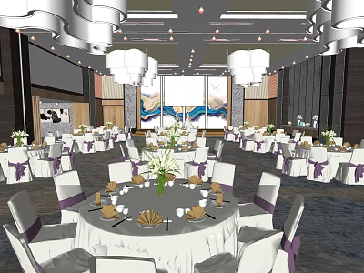 Elegant Banquet Hall With Round Tables White Tablecloths Purple Chair Covers Chandeliers And Scenic Views 3d model