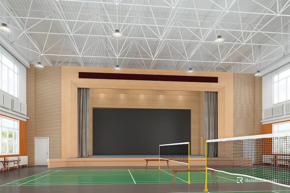 Sports Fitness Indoor Badminton Court With Green Floor And Net 3d model
