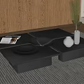 Modern Split Level Coffee Table With Wooden Cabinets Window Blinds And Potted Plant
