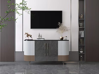 Modern TV Stand With TV Deer Figurine Dried Flowers Decorations And Side Shelf Books 3d model