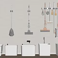Organized Bathroom Cleaning Accessories With Wall Mounted Mops Brooms Brushes And Mop Sinks
