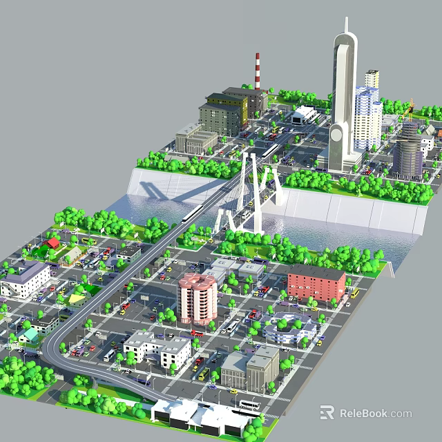 Detailed Urban City Model With Roads Bridge Buildings Green Trees And River 3d model 