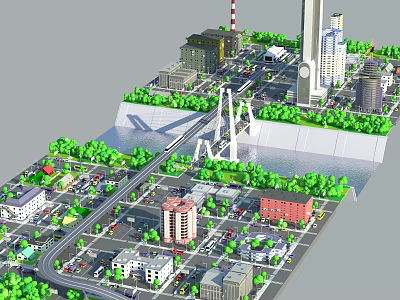 Detailed Urban City Model With Roads Bridge Buildings Green Trees And River 3d model