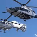 Two Helicopters Flying in Clear Blue Sky with White Clouds 3d model