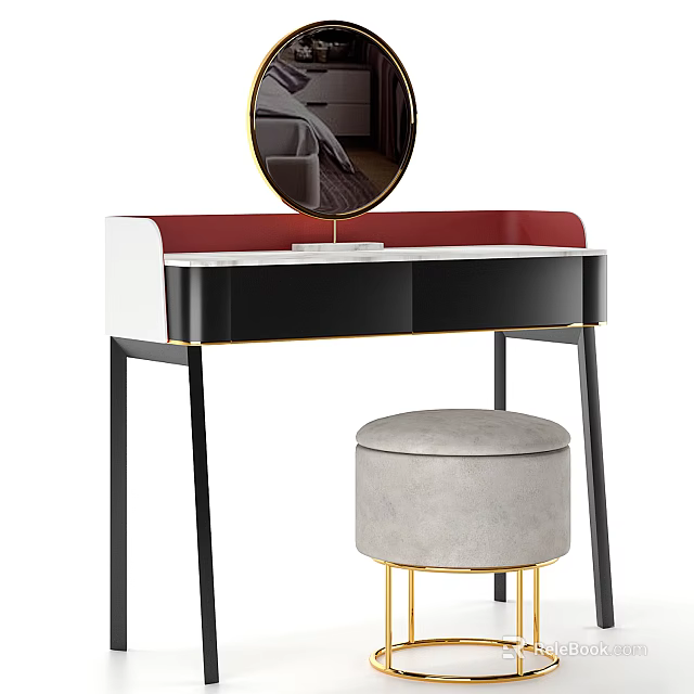 Modern Dressing Table With Round Gold Frame Mirror White Countertop And Gray Stool 3d model 