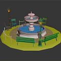 Garden Decorative Scene Featuring Central Fountain Green Benches Lamp Posts Chairs And Yellow Ground