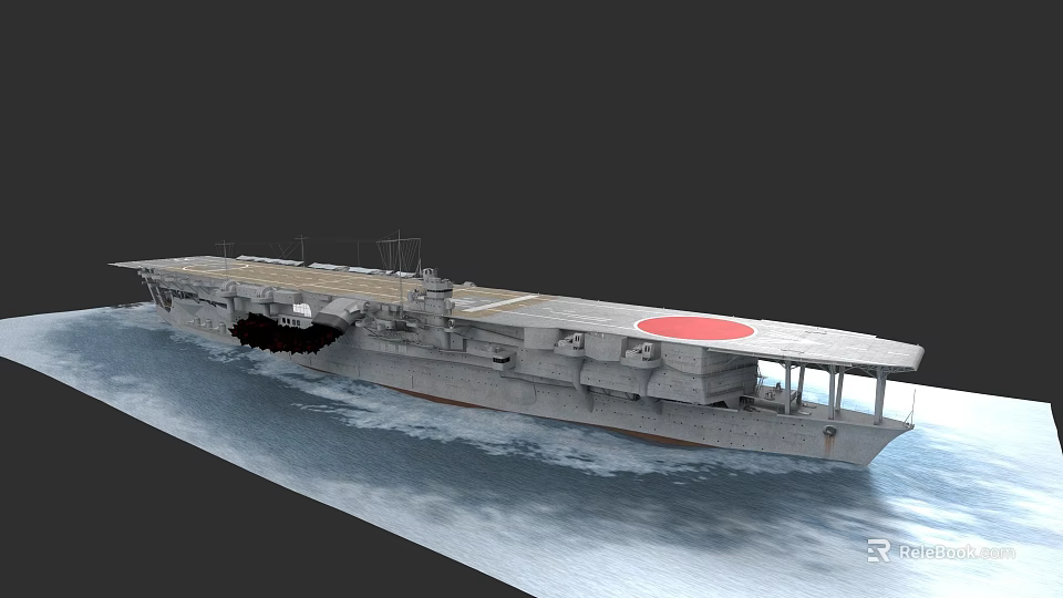 Grey Warship Aircraft Carrier With Flight Deck And Red Circle Mark At Sea 3d model 