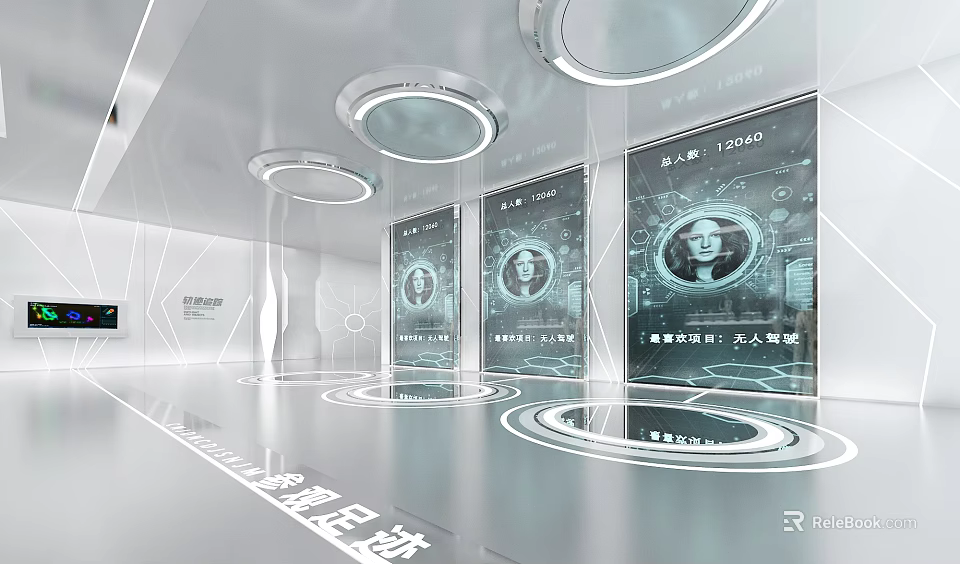 Modern Futuristic Exhibition Hall Interior With Digital Screens Circular Lights And Displays 3d model 