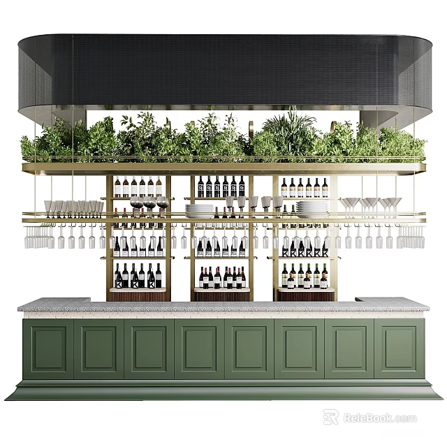 Stylish Bar Area With Green Cabinets Plants Wine Bottles And Wine Glasses 3d model 