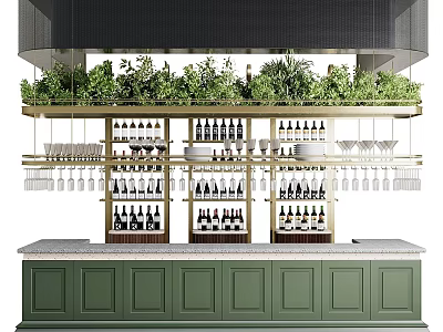 Stylish Bar Area With Green Cabinets Plants Wine Bottles And Wine Glasses 3d model