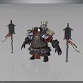 Armored Bear Warrior Creature With Spears And Red Ribbon Decorations 3d model