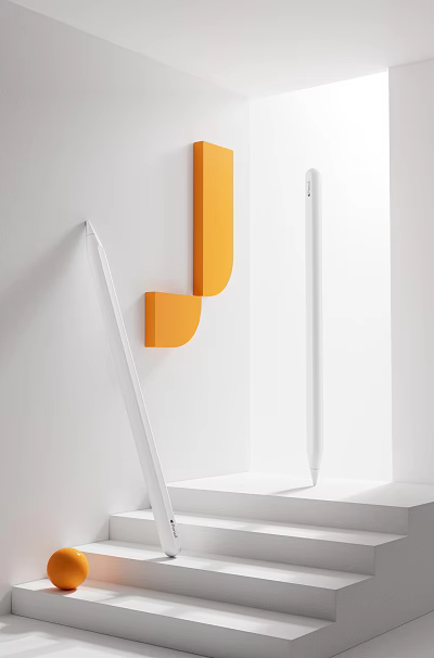 Minimalist White Pen With Modern Design And Orange Geometric Decor On White Background 3d model