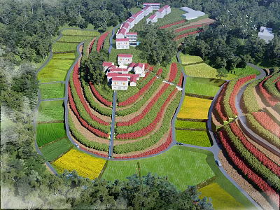 Colorful Terrace Fields Scenery With Green Red Yellow Crops And Winding Paths Near Village 3d model