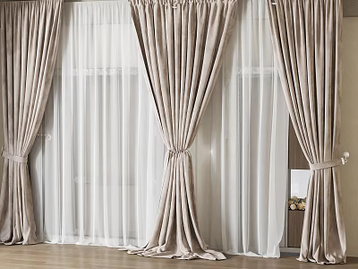 Soft Beige Velvet Curtains With White Sheer Panels And Tiebacks For Indoor Decor 3d model