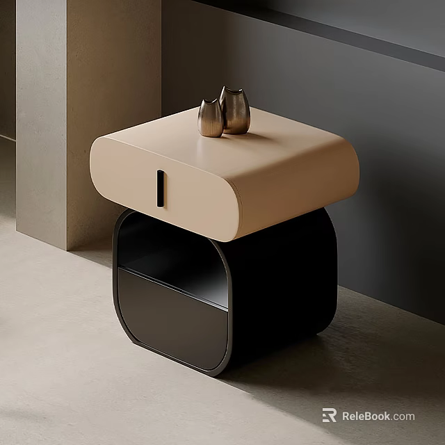 Sleek Modern Bedside Table In Beige And Black With Decorative Metal Vases On Top 3d model 
