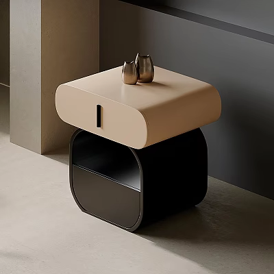 Sleek Modern Bedside Table In Beige And Black With Decorative Metal Vases On Top 3d model