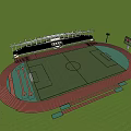 Football Field With Red Track Surrounding Blue And Red Stands Trees And Scoreboard