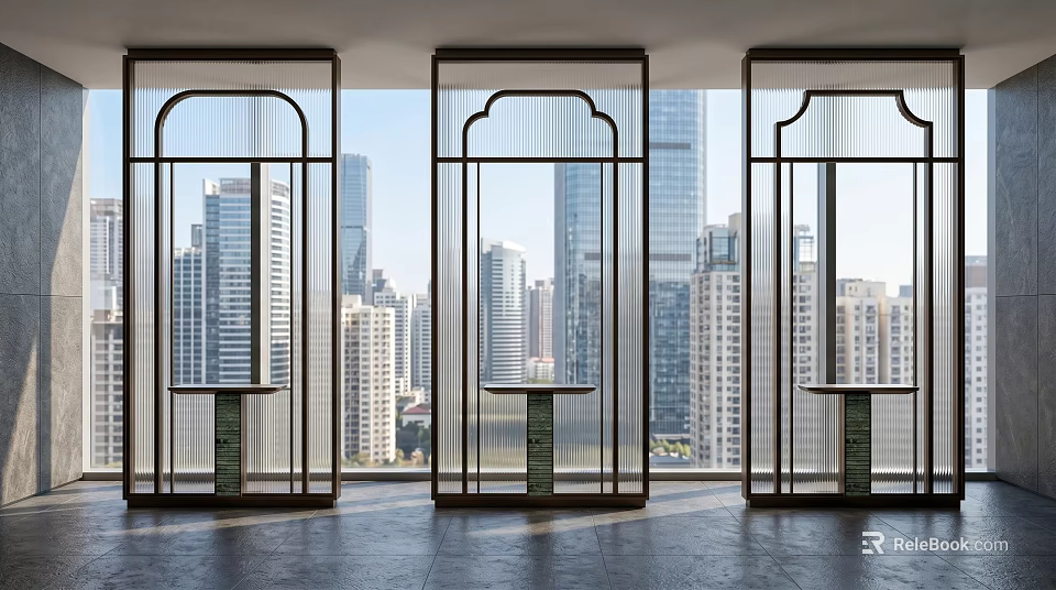 Modern Glass Screen with Black Frame in Interior With City Skyline View and Polished Floor 3d model 