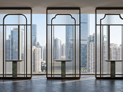 Modern Glass Screen with Black Frame in Interior With City Skyline View and Polished Floor 3d model
