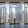 Modern Glass Screen with Black Frame in Interior With City Skyline View and Polished Floor