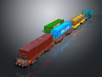 Colorful Model Freight Train With Multiple Colored Cars And 6412 Numbered Carriages 3d model
