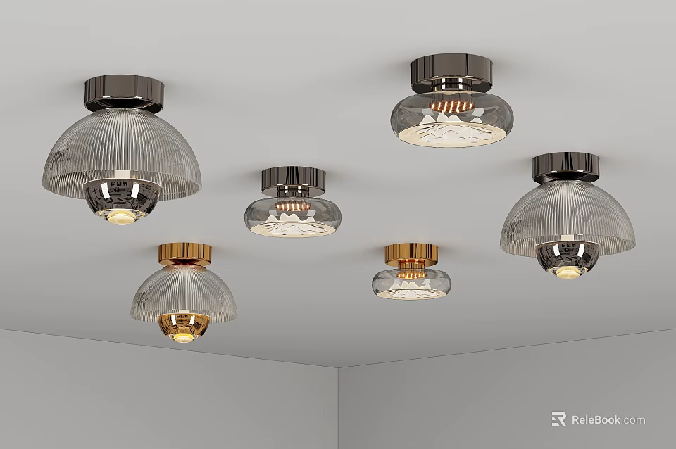 Modern Stylish Ceiling Lights with Glass Lampshade and Metal Base for Interior Design 3d model 