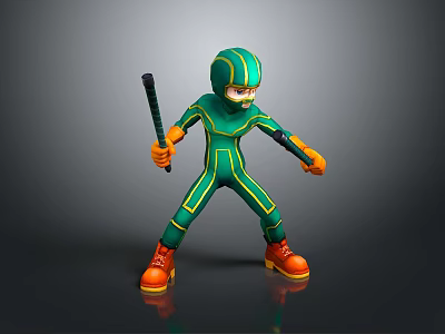 Green And Yellow Striped Cartoon Character In Bodysuit With Helmet Holding Stick And Orange Boots 3d model