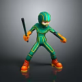 Green And Yellow Striped Cartoon Character In Bodysuit With Helmet Holding Stick And Orange Boots