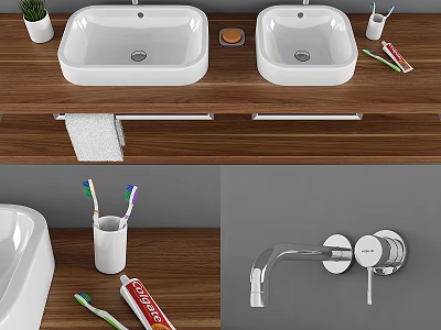 Double White Washbasins On Wooden Countertop With Toothbrushes Toothpaste And Towel Rack 3d model