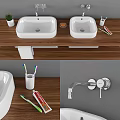 Double White Washbasins On Wooden Countertop With Toothbrushes Toothpaste And Towel Rack