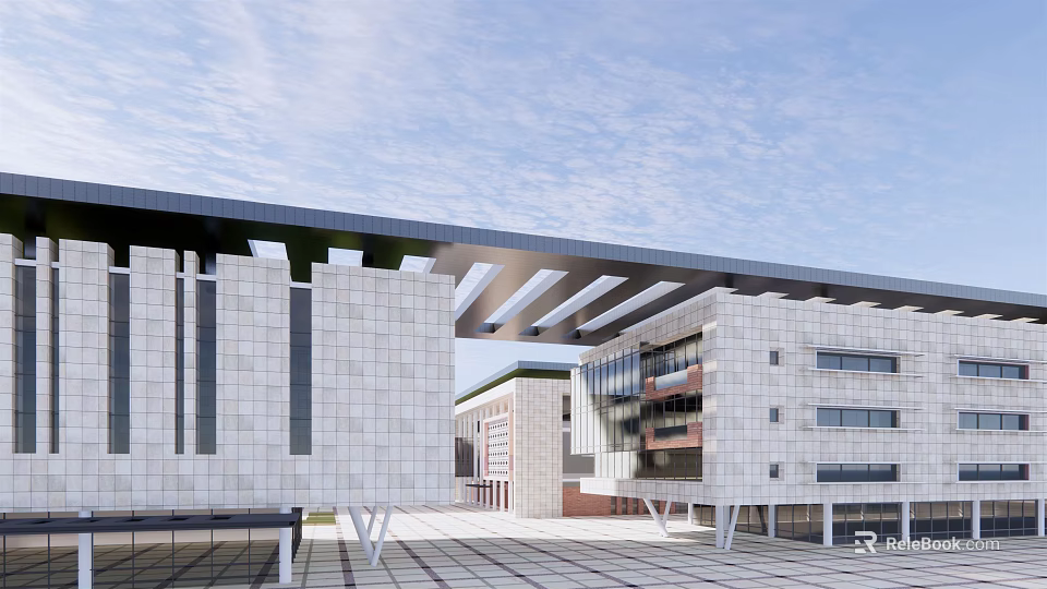 Modern Office Building With White Facade Large Glass Windows Overhanging Roof And Open Plaza 3d model 