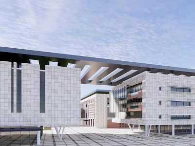 Modern Office Building With White Facade Large Glass Windows Overhanging Roof And Open Plaza 3d model