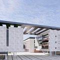 Modern Office Building With White Facade Large Glass Windows Overhanging Roof And Open Plaza
