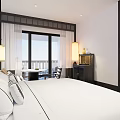 Hotel Room Interior With Striped Sofa Wooden Floor Decorative Lamps And Wall Frames