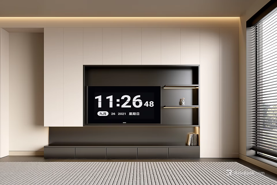 Modern Living Room TV Stand Design With White Upper Cabinets Open Shelves And Black Drawers 3d model 