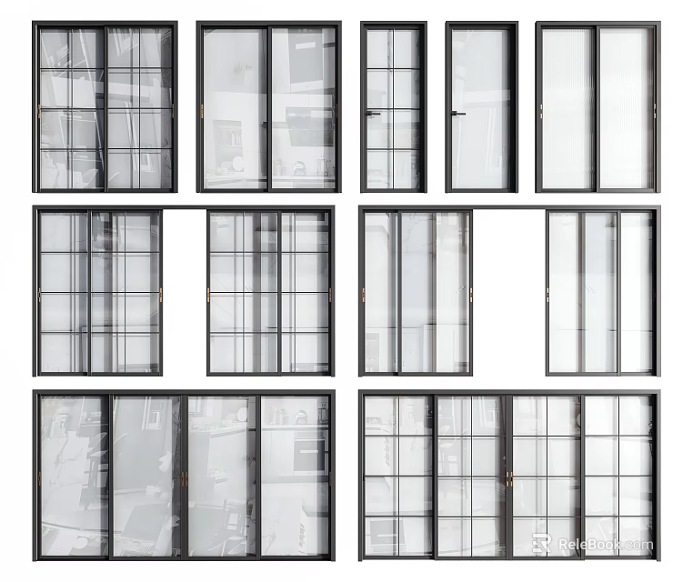 Various Sliding Doors Designs With Black Frames And Clear Glass For Interior 3d model