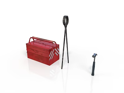 Essential Household Tools Including Red Toolbox Black Pliers and Small Hammer 3d model