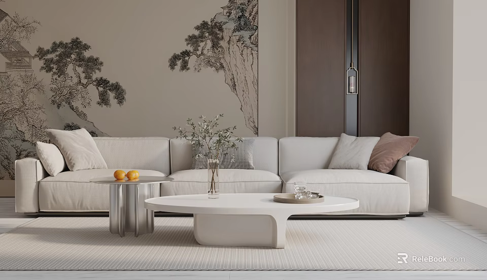 Light Colored Three Seater Sofa With Decorative Painting Coffee Table Flower Vase And Rug 3d model 