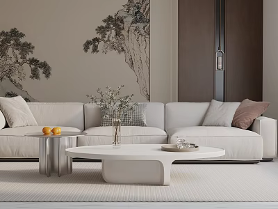 Light Colored Three Seater Sofa With Decorative Painting Coffee Table Flower Vase And Rug 3d model