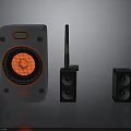 Home Audio System with Main Speaker Red Cone Satellite Speakers and Antenna Device
