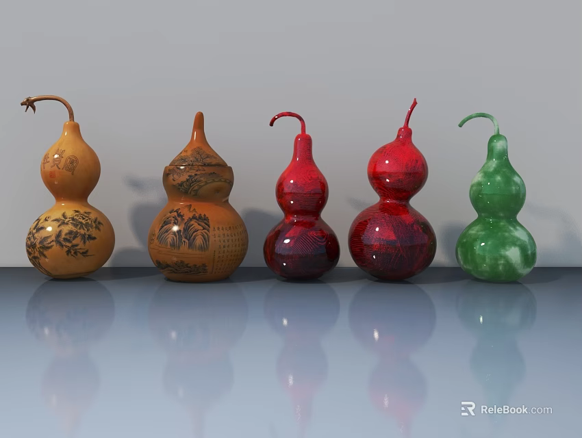 Five Vibrant Decorative Gourds Arranged in a Row with Intricate Patterns and Smooth Finishes 3d model 