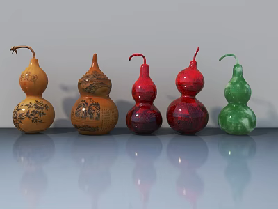 Five Vibrant Decorative Gourds Arranged in a Row with Intricate Patterns and Smooth Finishes 3d model
