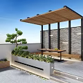 Rooftop Garden Design With Wooden Pergola Bench Green Plants And Stone Wall
