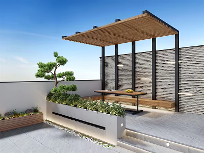 Rooftop Garden Design With Wooden Pergola Bench Green Plants And Stone Wall 3d model