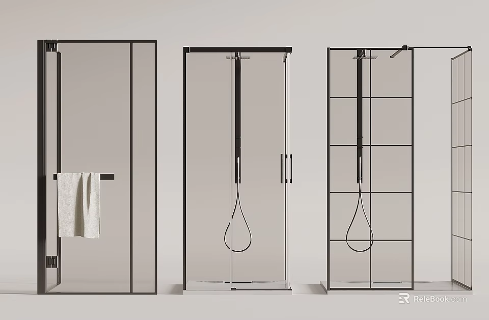 Modern Glass Shower Partitions With Black Frames And Various Bathroom Styles 3d model 