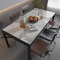 Modern Marble Top Dining Table Set With Leather Chairs Oranges Glass Jug Books And Plant