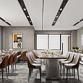 Modern Restaurant Interior With Long Dining Tables Chairs Wall Art Buffet Table And Ceiling Lights 3d model