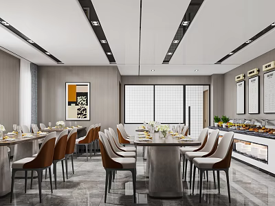 Modern Restaurant Interior With Long Dining Tables Chairs Wall Art Buffet Table And Ceiling Lights 3d model