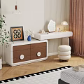 Modern White And Brown Dressing Table With Mirror Lamp Vase Decorations And Pouf Stool