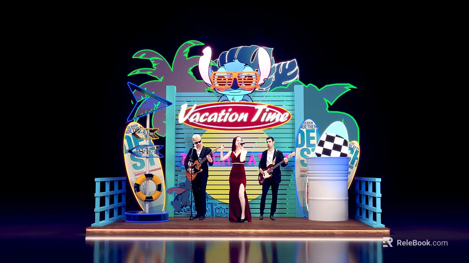 Vacation Time Themed Photo Spot With Neon Lights Palm Trees Surfboard And Band Members 3d model 